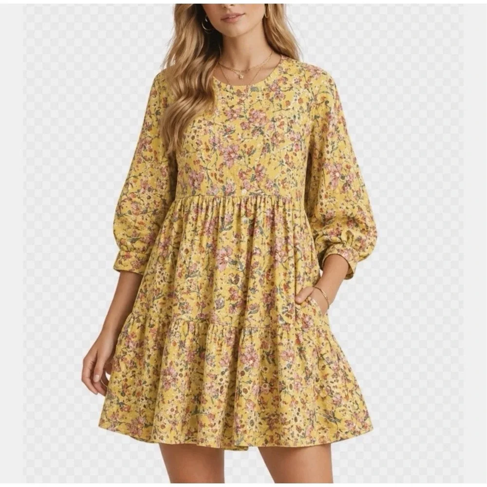 Anthropologie x dRA Yara‎ Eyelet Dress Yellow Floral S Lined Floral Boho Prairie
